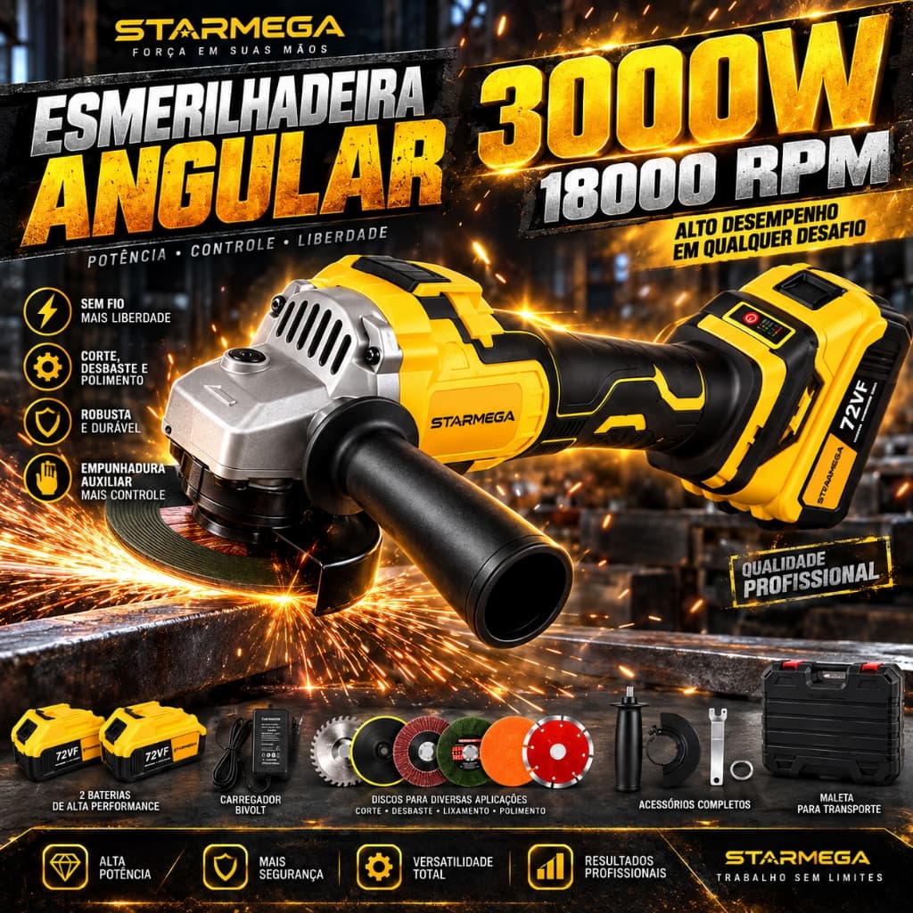 STARMEGA Esmerilhadeira Angular Sem Fio 3000W, 18000 RPM, 2Bateria , Corte e Desbaste em Metal e Alvenaria