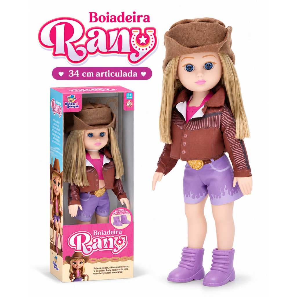 Boneca Country Boiadeira Rany 34 cm Com Acessórios Roupa Chapéu Botas Vinil Articulada Menina