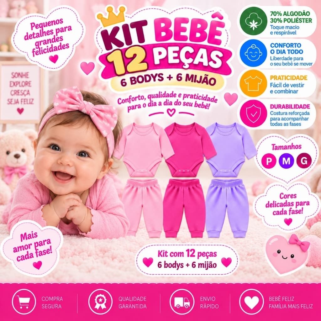 Kit 12 Peças Bebê 6 Body Manga Longa + 6 Calça Mijão Enxoval Menina Menino P M G