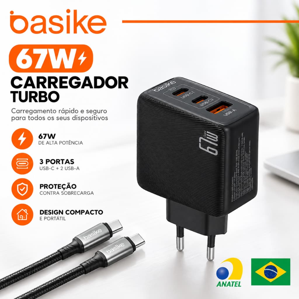 Basike Carregador GaN 67W Turbo 3 Portas USB-C PD + USB-A Carregamento Rápido para Celular Tablet