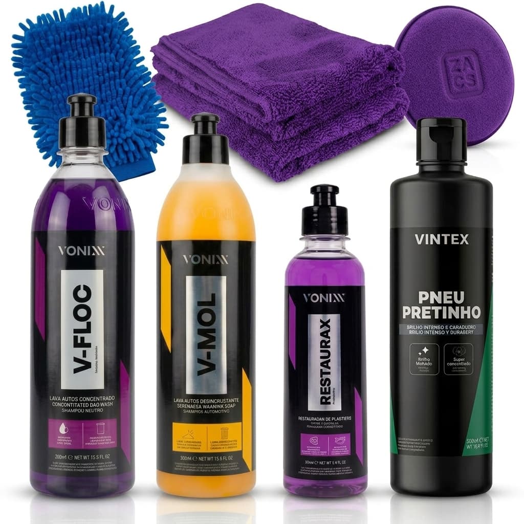 Kit Lavagem Automotiva Vonixx V-Floc + V-Mol + Restaurax + Pretinho Vintex + Aplicador + Toalha + Luva Limpeza Carro Mot