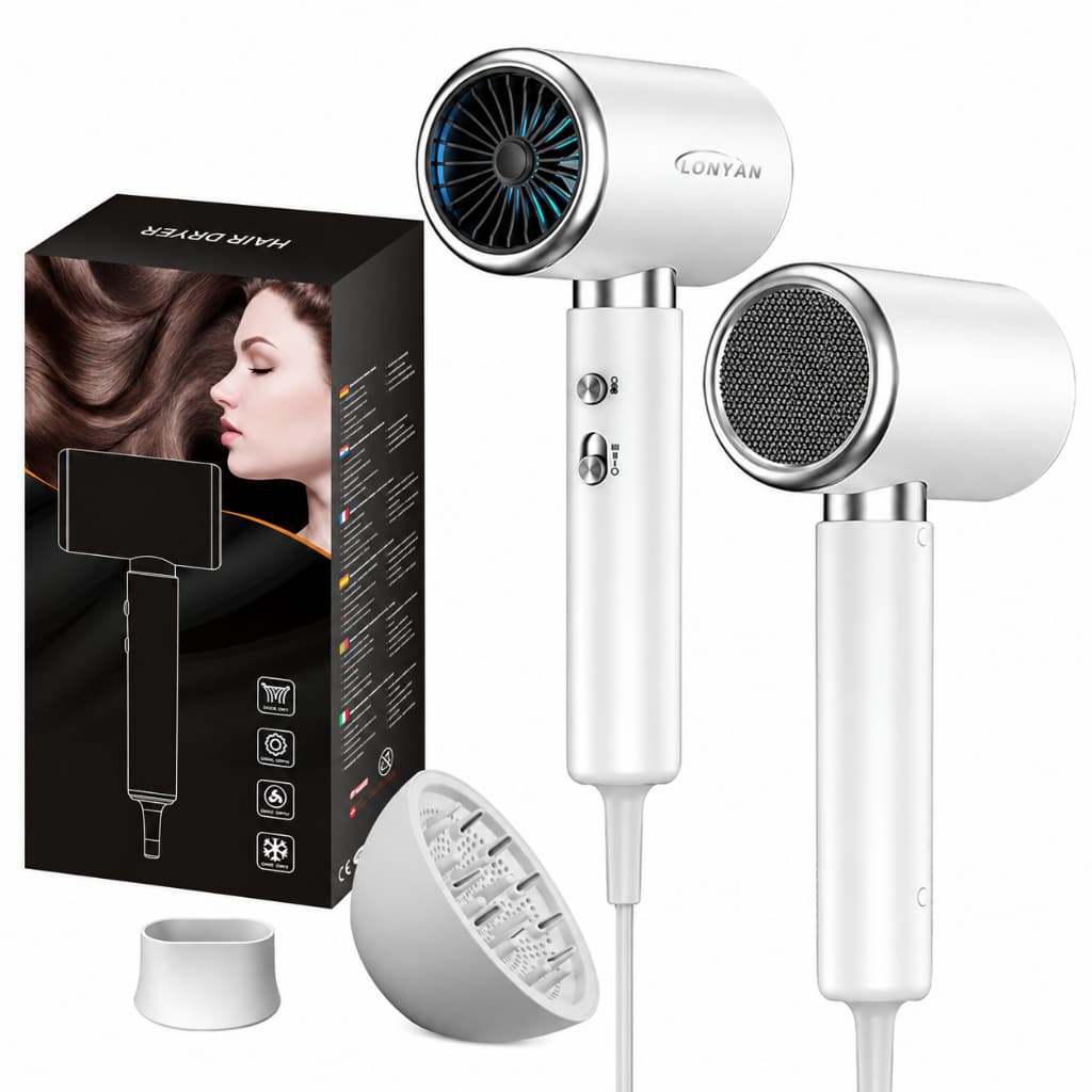 Secador de Cabelo Elétrico LONYAN Profissional 127V 220V Branco Perolado com Motor DC Cabo Longo 2m para Uso Doméstico