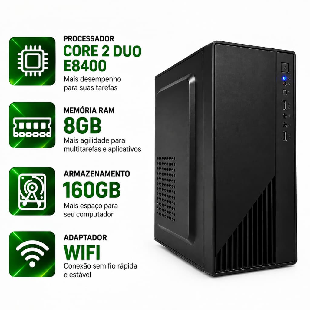 Desktop Computador Intel Core 2 Duo E8400 8Gb Ram Ddr3 HD 160GB Cpu Torre Com Wifi Cabo De Força