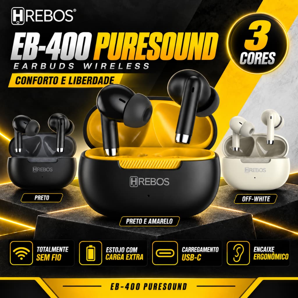 Fone de Ouvido Bluetooth Sem Fio TWS Hrebos EB-400 PureSound Earbuds com Estojo de Recarga USB-C