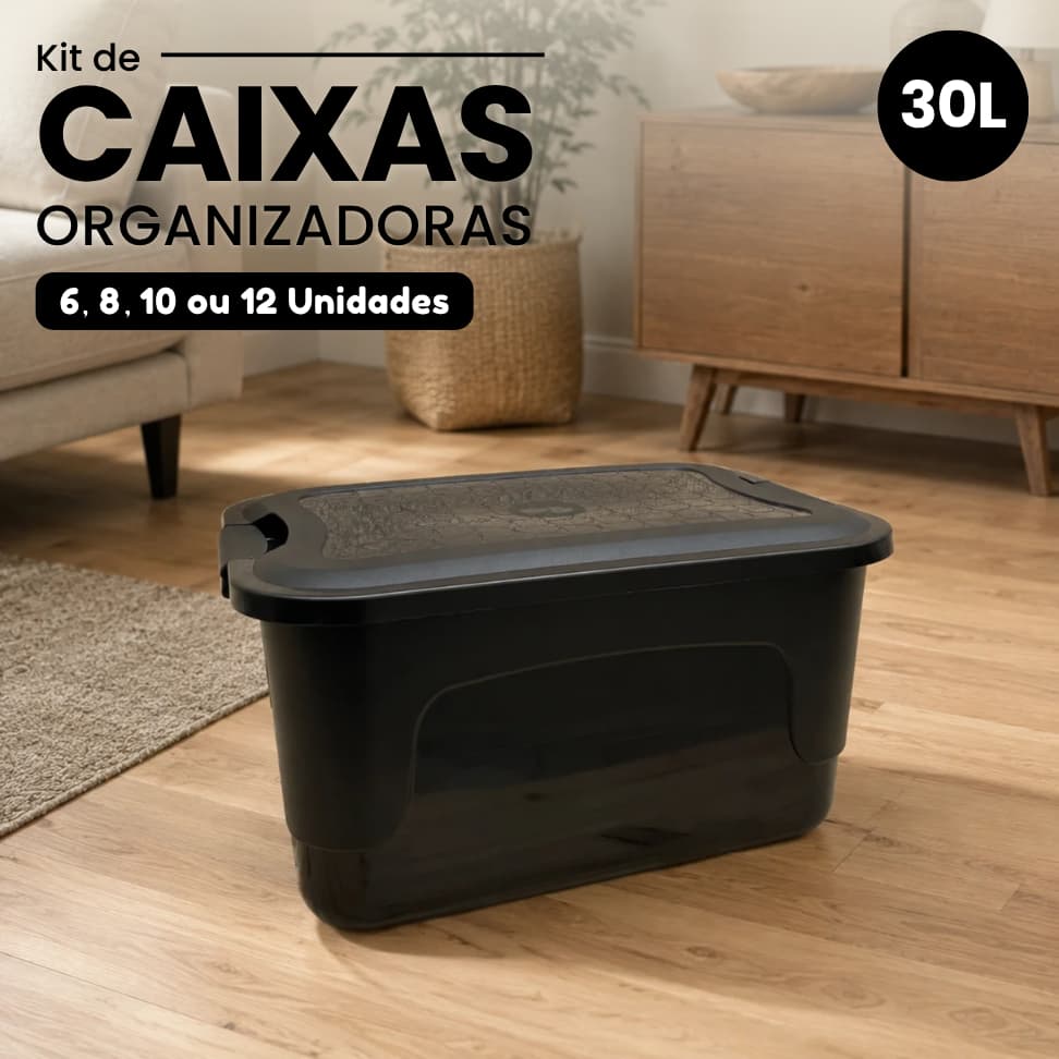 Kit até 12 Caixas Organizadoras de 30L Preta com Tampa e Trava Multiuso para Casa Quarto Cozinha Lavanderia