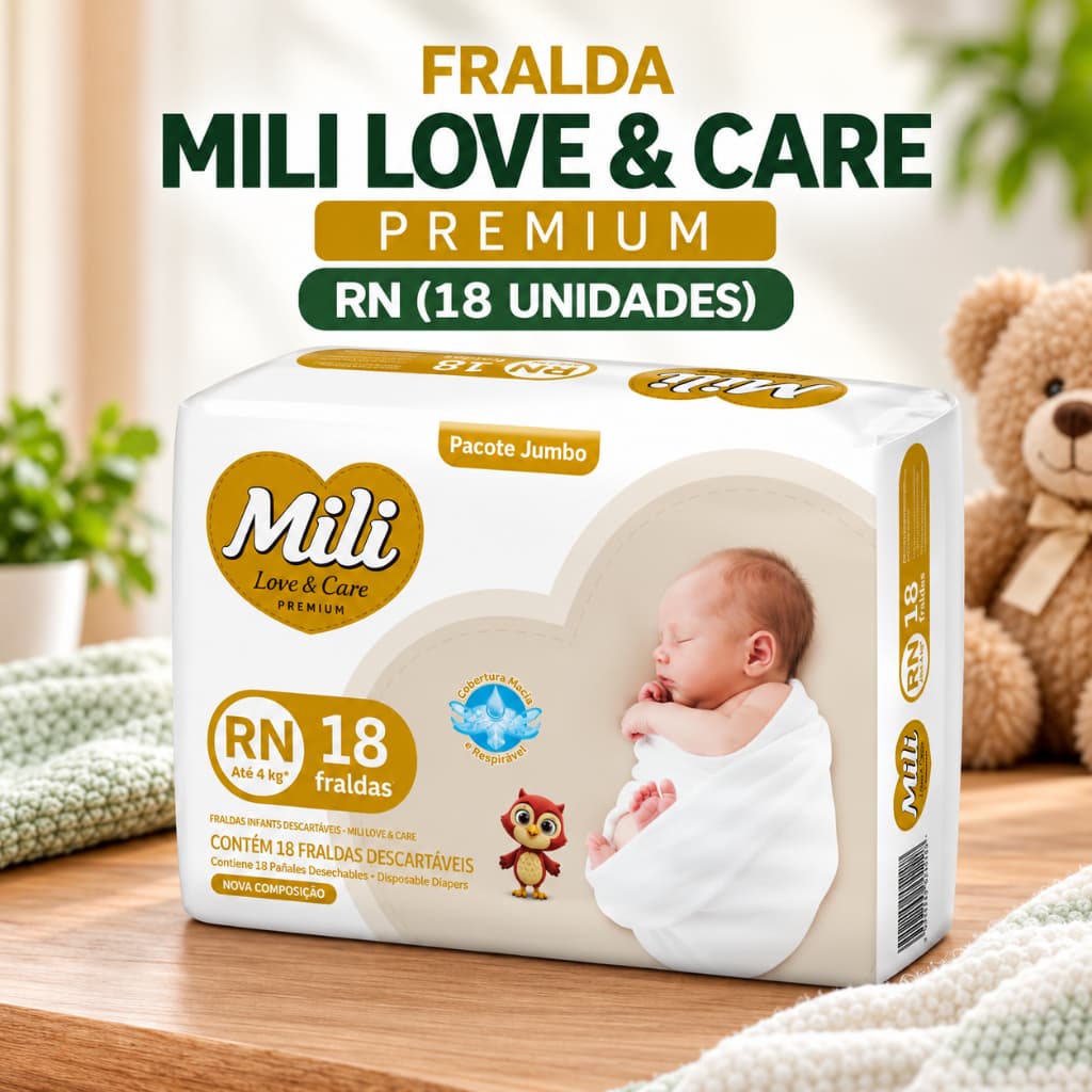 Fralda Recém Nascido Mili Love & Care Premium RN 18 unidades