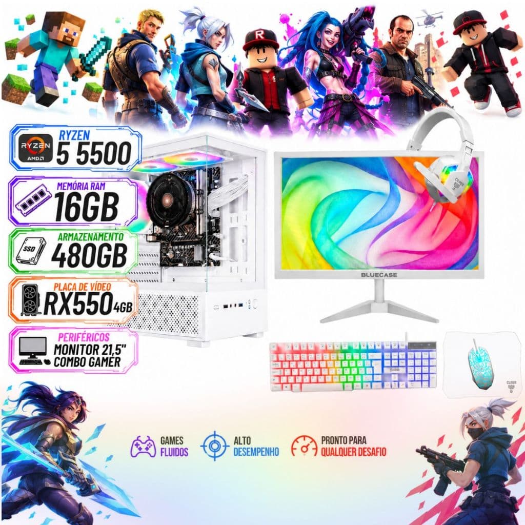 Pc Completo Gamer Ryzen 5 5500, 16gb DDR4, SSD 480gb, AMD RX550 4gb, Monitor + Combo Gamer
