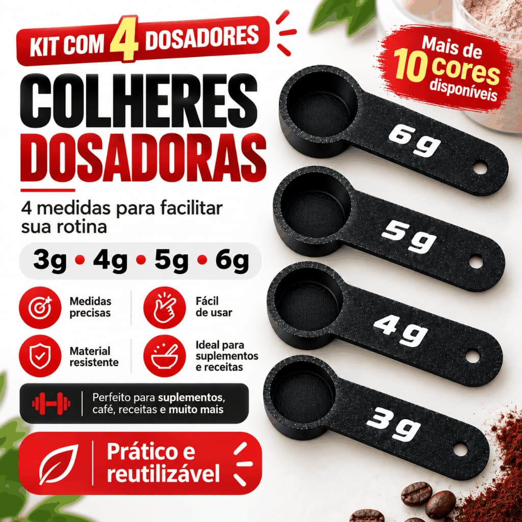 Kit 4 Colheres Dosadoras 3g 4g 5g 6g para Whey, Creatina, Pré-Treino e Suplementos
