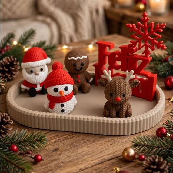 Kit Decoração de Natal em Crochê (Amigurumi) com Bandeja e Letreiro "Feliz Natal"