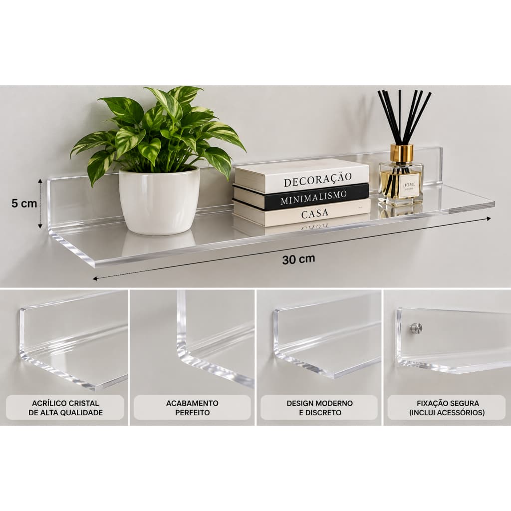 Prateleira Acrílica Transparente 30x14cm em L | Suporte Organizador de Parede para Banheiro Cozinha Decoração