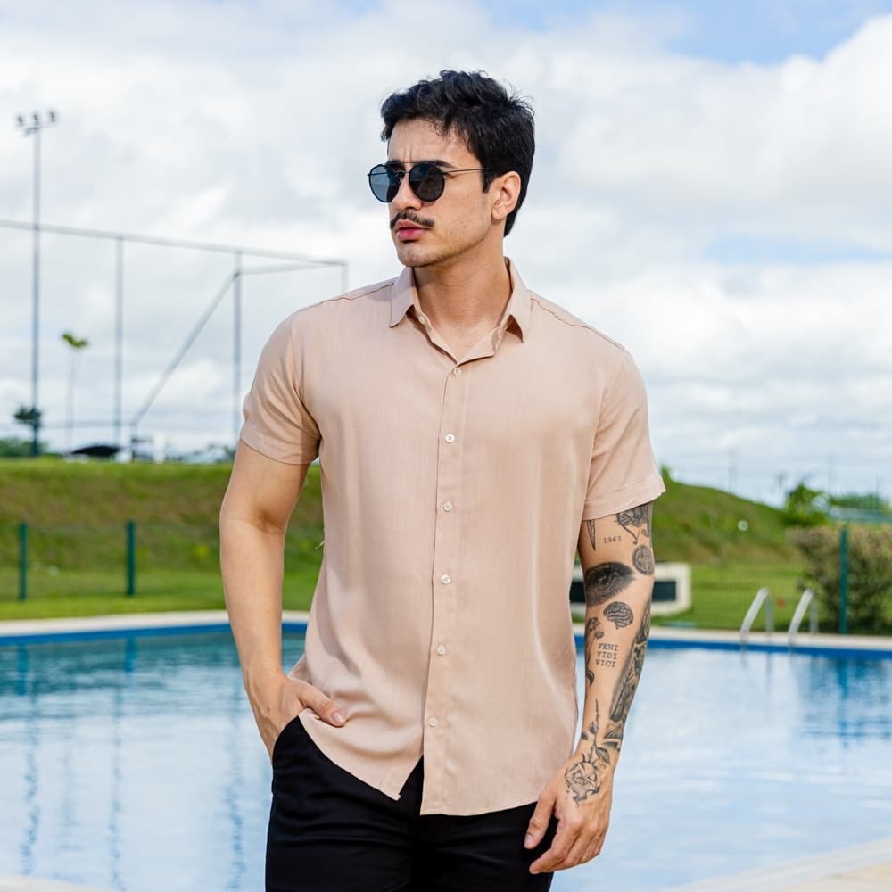 Camisa Social Masculina Manga Curta Leve Slim Fit Premium Diversas Cores Lisa