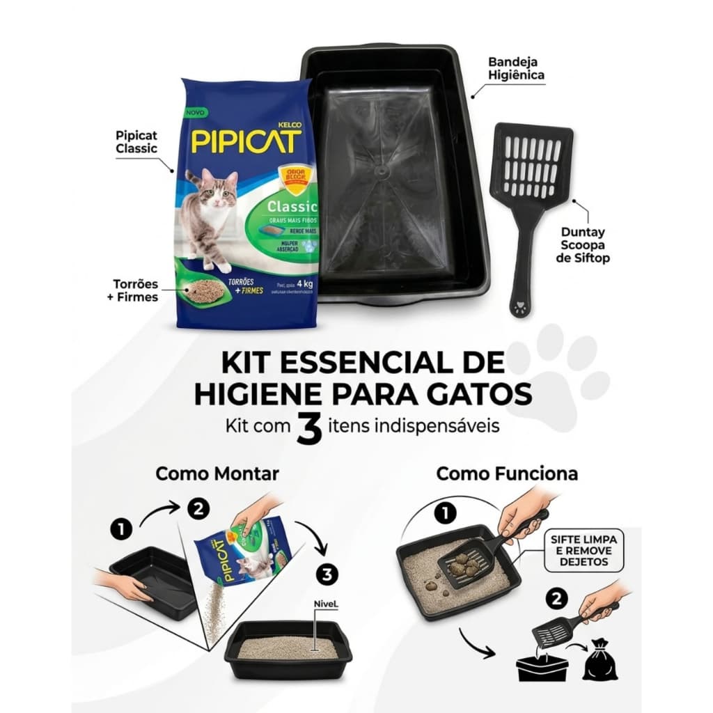 kit 3 Areia Pipicat 4kg sanitaria  + Bandeja de Gato + Pa De gato