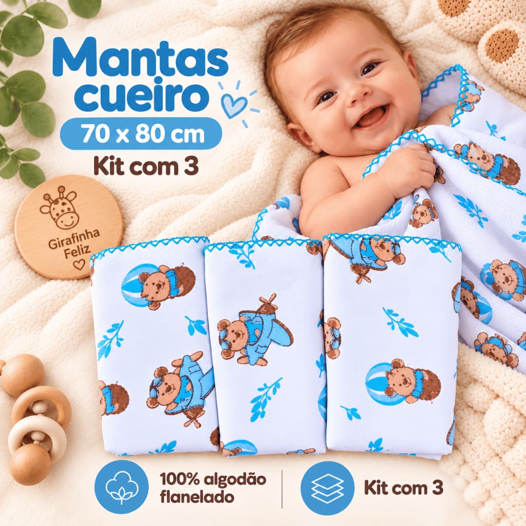 Kit 3 Mantas Cueiro Bebê Flaneladas Estampadas Ursinho 100% Algodão 70x80cm Enxoval Recém-Nascido Menino