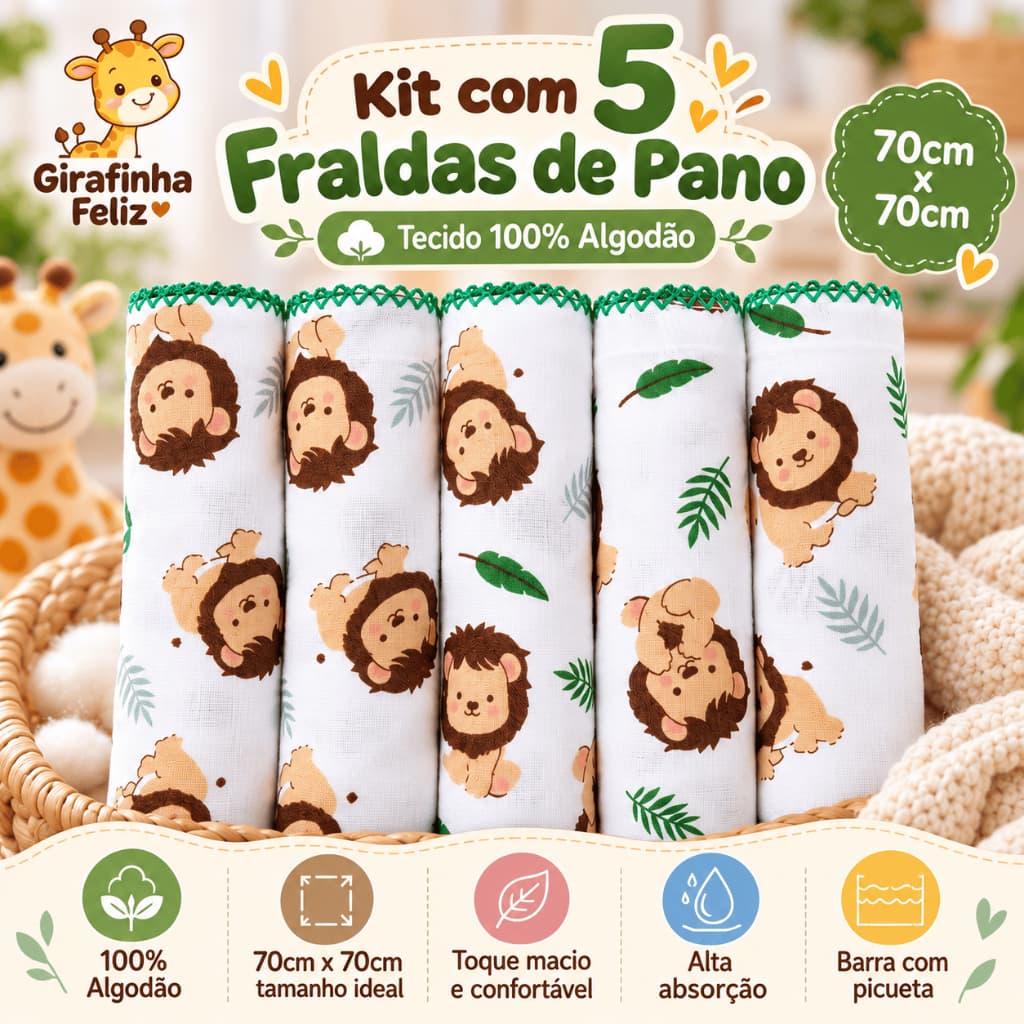 Kit 5 Fraldas de Pano Para Bebê Estampadas Safari 70x70cm Tecido Duplo 100% Algodão Enxoval Menino Menina