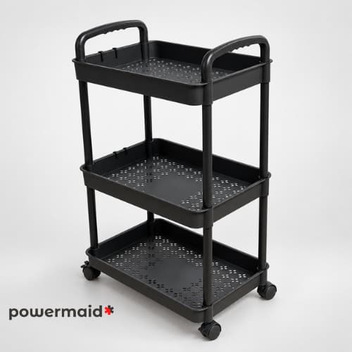 Carrinho Organizador Slim Multiuso 3 Prateleiras Rodinhas Cozinha Banheiro Manicure Preto Powermaid