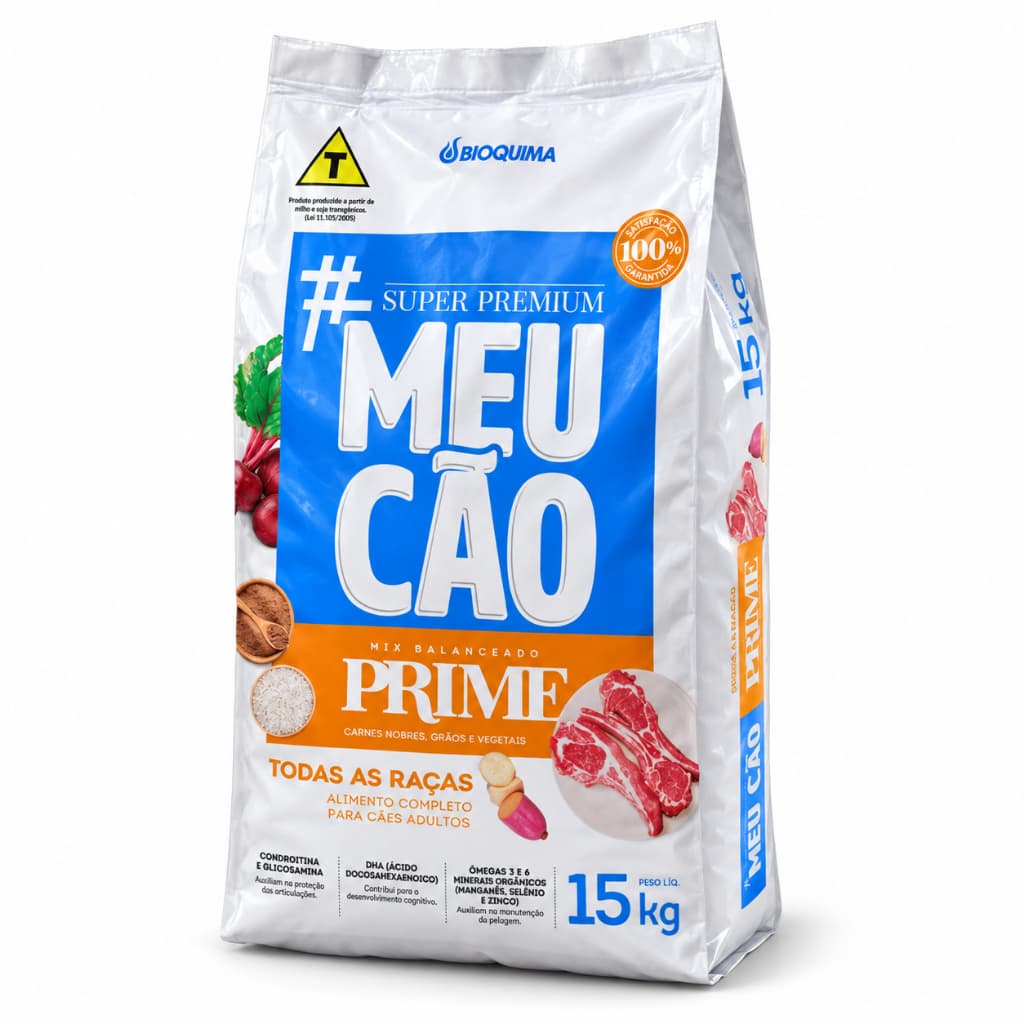 Ração Para Cachorro ADULTO 15kg Meu Cão Prime Super Premium Carnes Nobres e Vegetais 28% Proteína