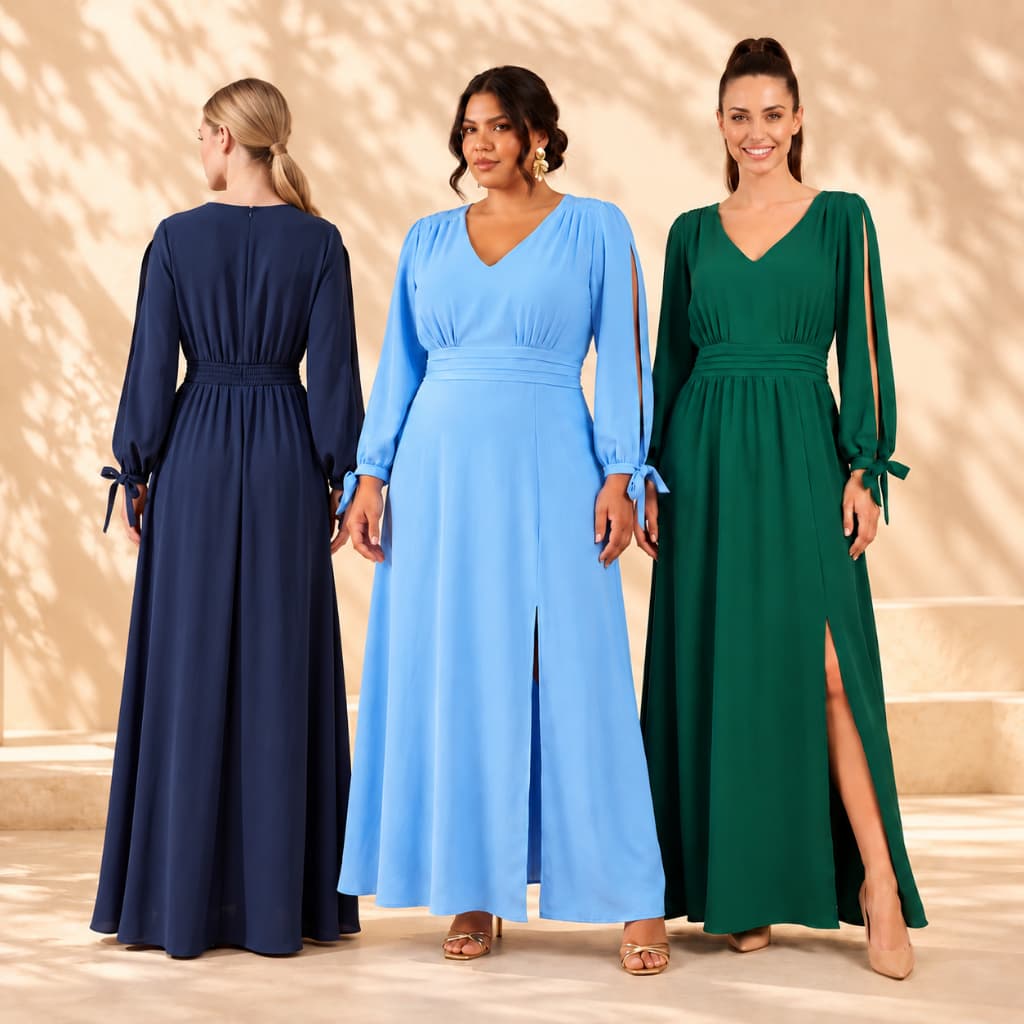 Vestido Longo Feminino Social com Manga com Amarração Fenda Lateral e para Casamento, Culto e Eventos