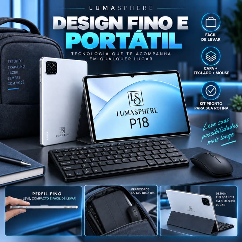 Tablet LUMASPHERE P18 10.1" HD+ Android 13 6GB RAM 128GB com Teclado e Acessórios