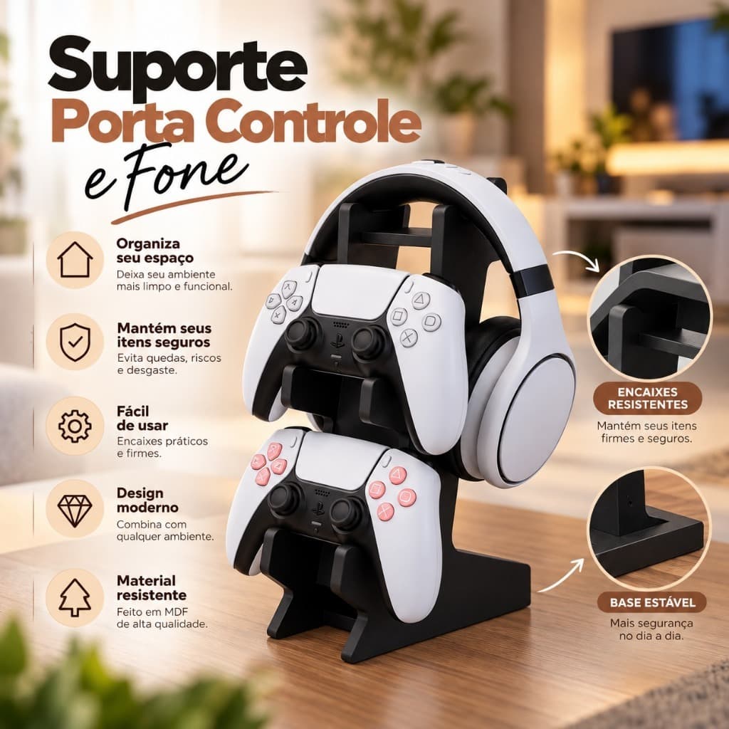 Suporte Controle e Fone Video Game PS5 XBOX em MDF Suporte com Base Solida e Firme Organizador e Decoração Gamer