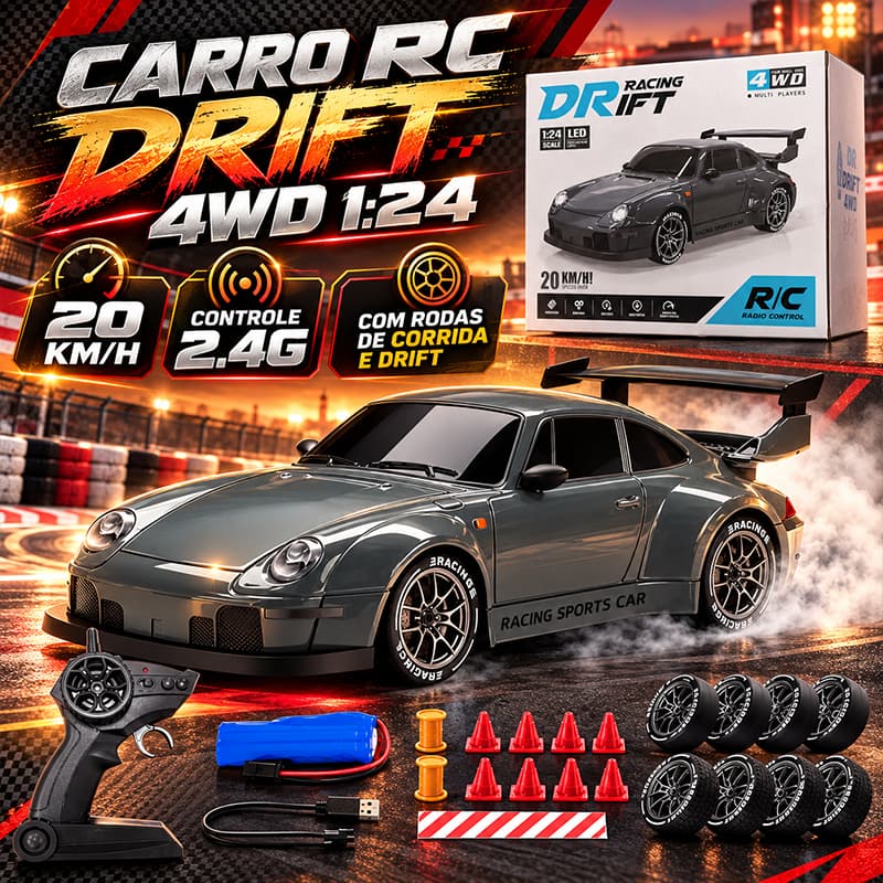 Carrinho Controle Remoto RC Drift 4WD 1:24 2.4G 20km/h LED Recarregável Modelo 911 Cinza com Rodas Extras