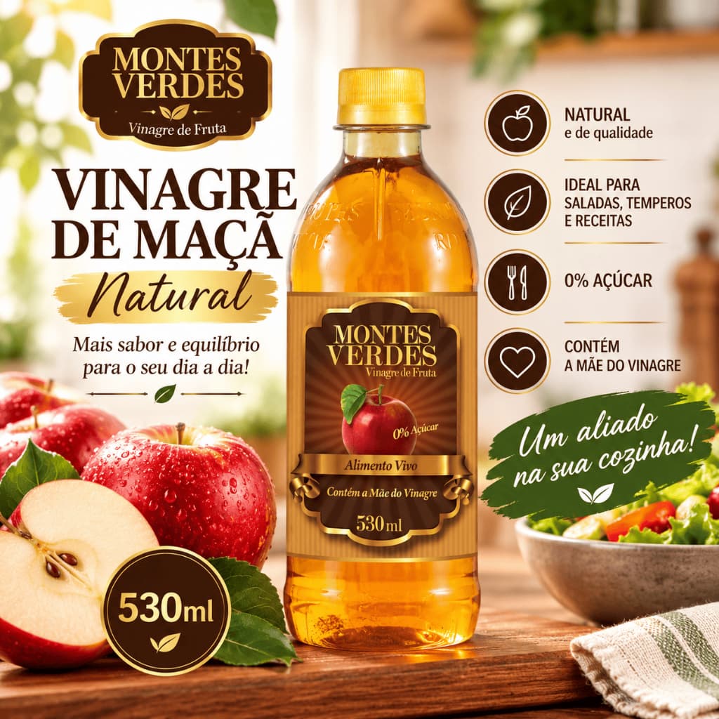 Vinagre de Maçã Natural Montes Verdes 530ml Original para Saladas Temperos e Receitas