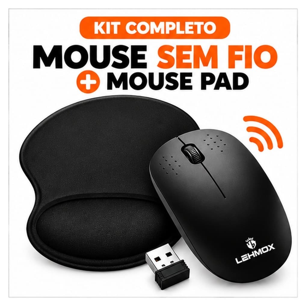 Kit Mouse Sem Fio 2.4GHz USB + Mouse Pad Ergonômico com Apoio para Punho
