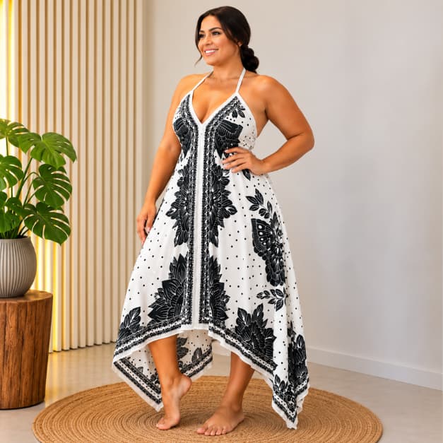 Vestido Lenço Indiano Longo Vestido de ponta / Costa Nua - Estampa Luxuosa + Caimento Solto