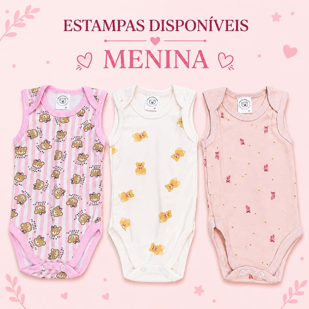 Kit 3 Bodies Bebê Regata Suedine 100% Algodão Suedine Macio Tamanho P Estampado Menino Menina Enxoval Bebê