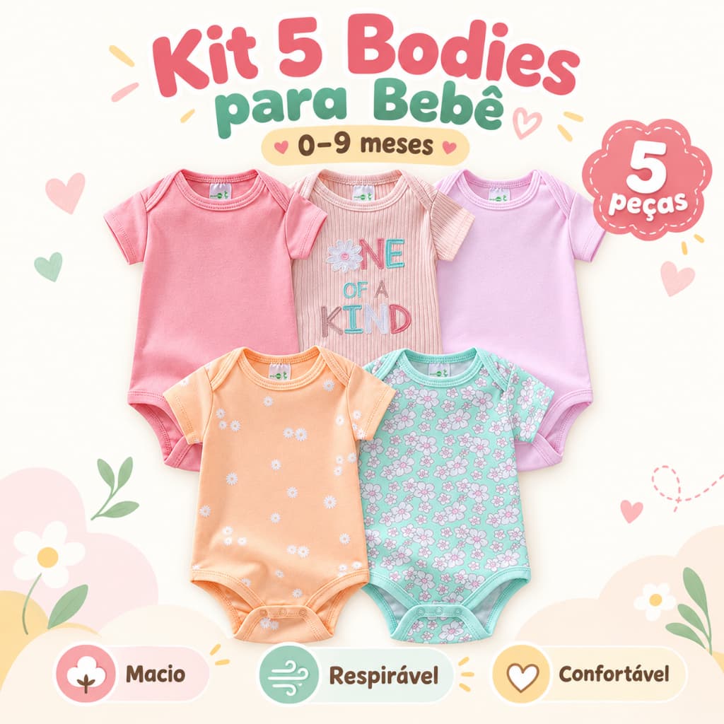 Kit 5 Bodies Bebê Menina Manga Curta Lisos e Estampados Florais Enxoval Verão 0 a 9 Meses