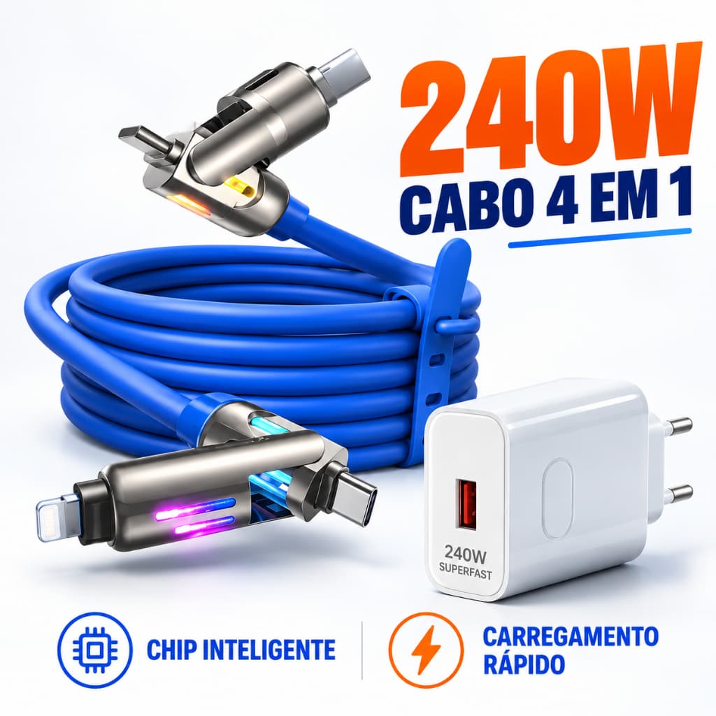 Kit Cabo Carregador 240W GaN 4 em 1 USB C Tipo C iP Carga Rápida Silicone LED Dados 1M 2M para Celular Tablet
