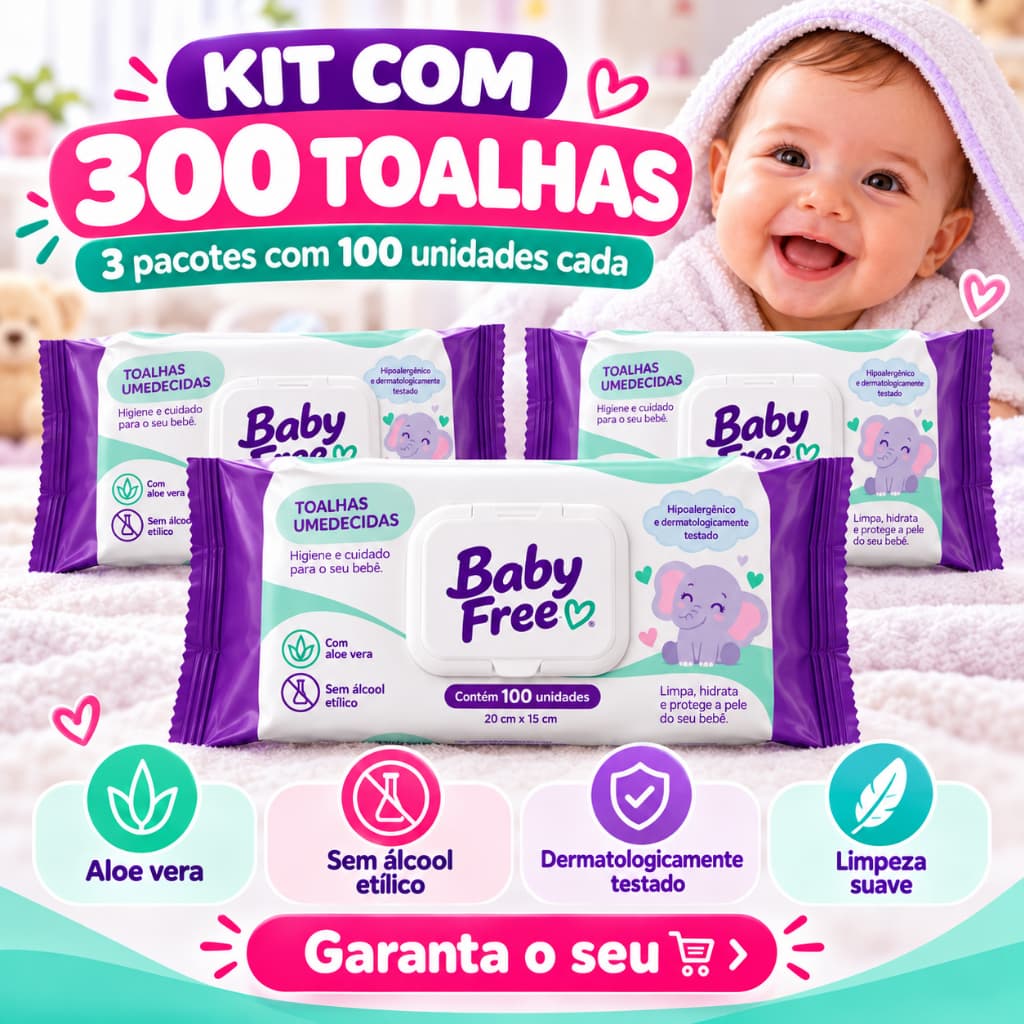 Kit 300 Lenços Umedecidos Baby Free 3 Pacotes com 100 Toalhas Umedecidas para Bebê