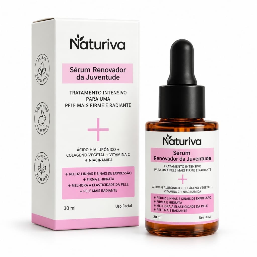 Sérum Facial Naturiva Renovador da Juventude com Ácido Hialurônico, Niacinamida e Vitamina C para Hidratação e Cuidado F