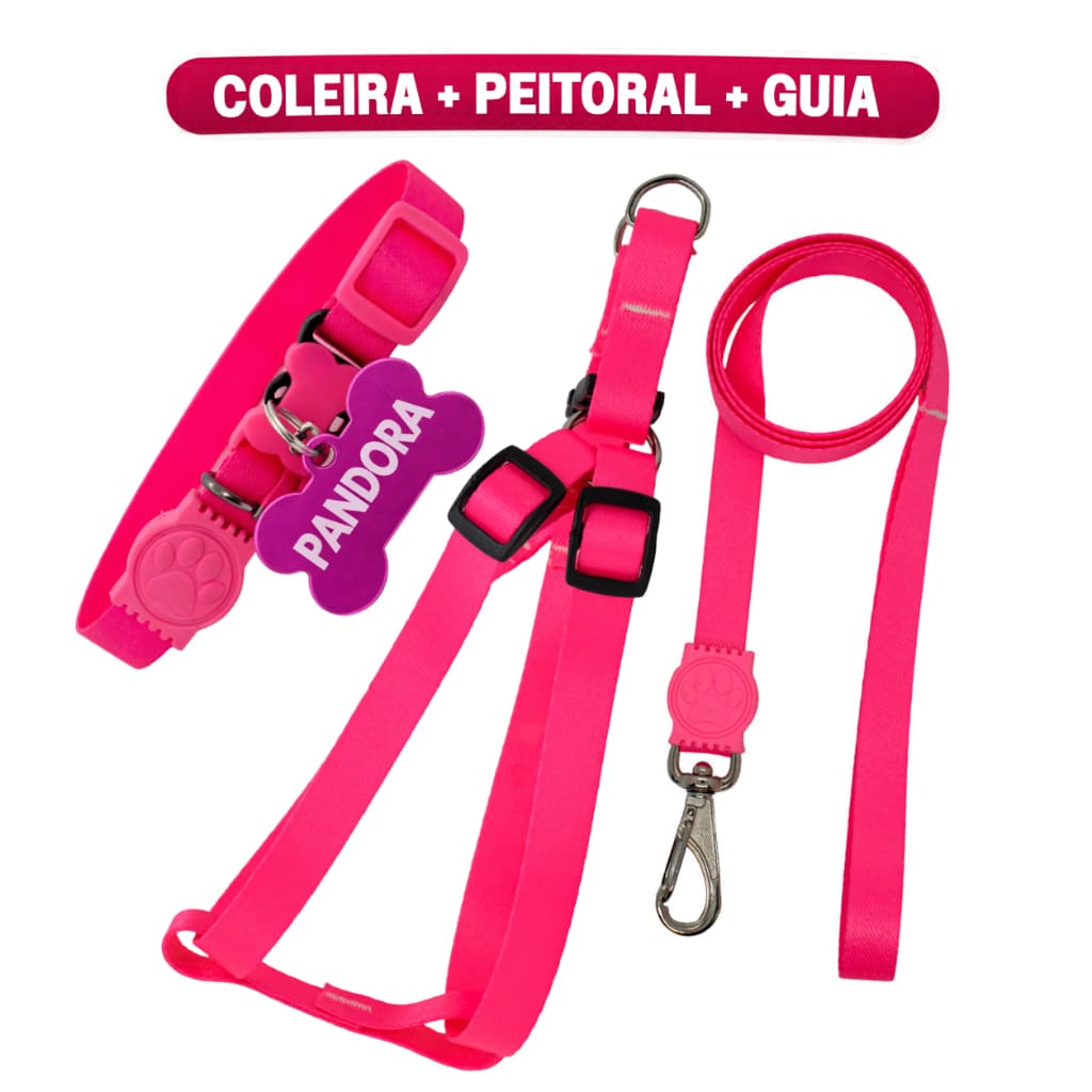 Coleira e Guia Para Cachorro Personalizada com Nome e Telefone Coleira Peitoral Ajustável