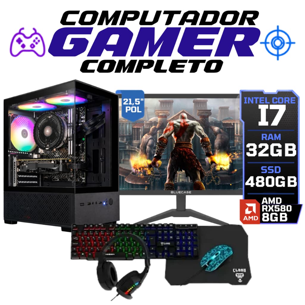 Computador Gamer Completo Intel Core I7 + 32gb + SSD 480gb + Placa de Vídeo 8GB + Monitor 21,5" + Wi-Fi