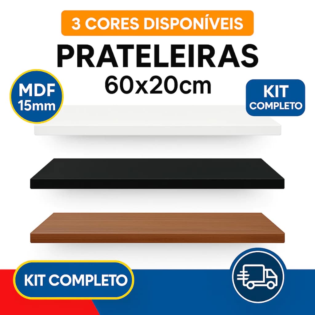 Prateleira 60x20cm Organizadora de Parede MDF 15MM para Quarto Cozinha Sala Banheiro com Suporte Branca Preta Freijó