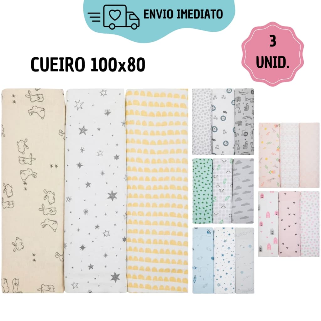 Kit 3 Cueiros 100cm x 80cm para Bebê RN Flanelado Estampado 100% algodão Enxoval - Papi Composê