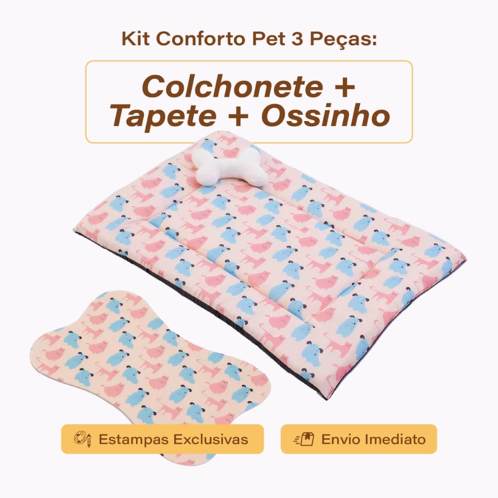 Kit 3 peças Cama Colchonete Almofada + Tapetinho Pet + Ossinho Brinquedo para Cachorro Gato Caminha
