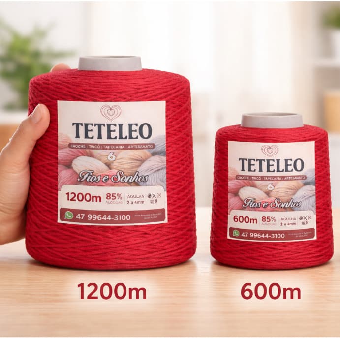 Barbante TeTeLeo Macio Nº6  85% Algodão – Antialérgico, Sem Poeira, Ideal para Crochê, Tricô e Artesanato Vermelho