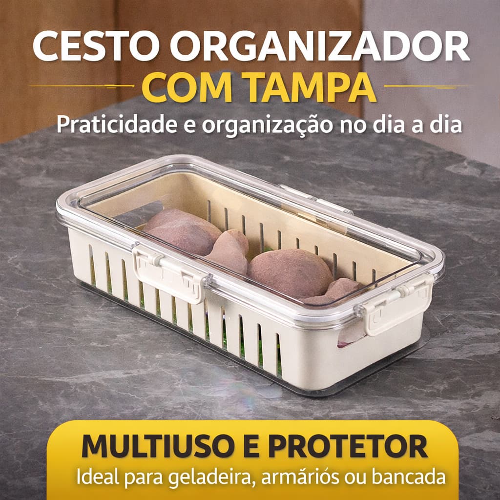 Cesto Organizador com Tampa Caixa Organizadora Multiuso Cozinha Geladeira Armário