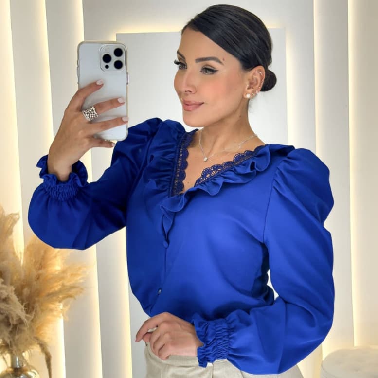 Blusa social manga longa, tamanho slim e plusize babado e renda, blusa Natália