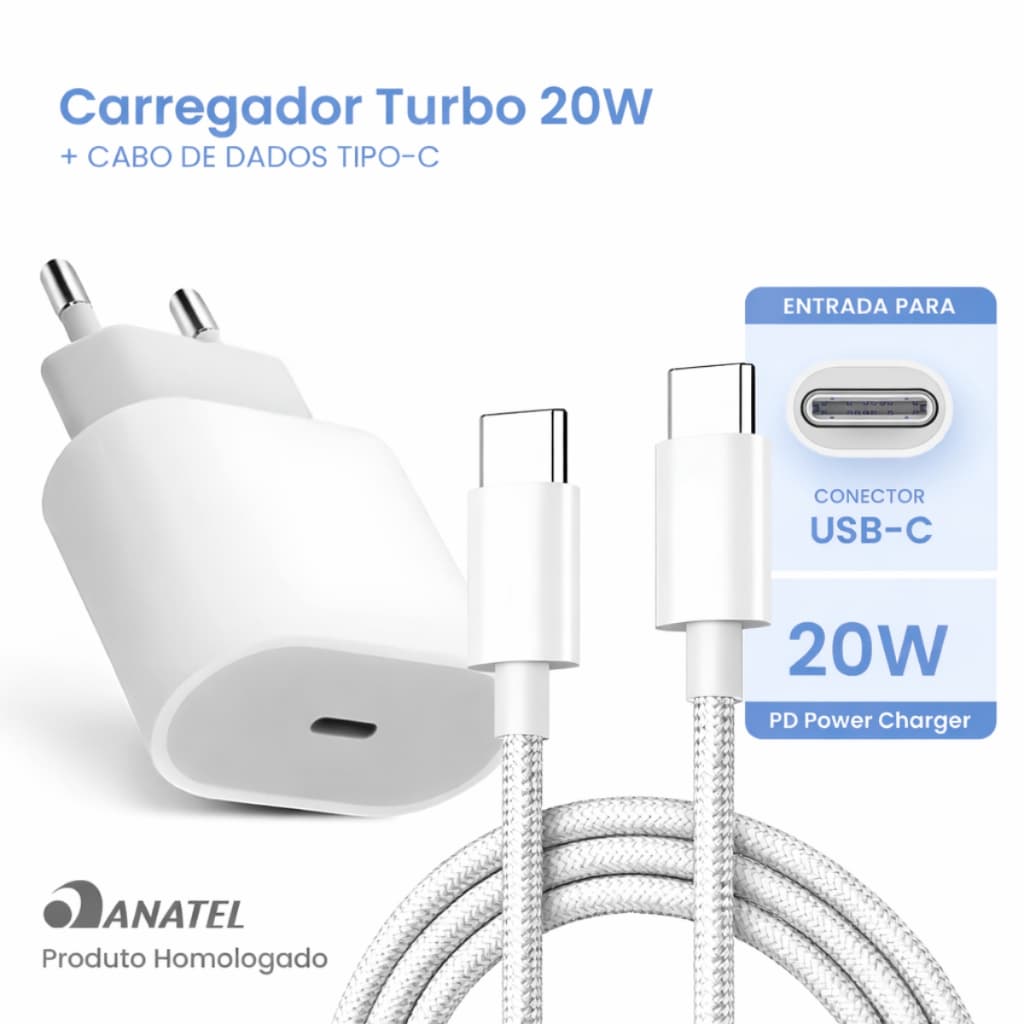 Carregador Homologado p/ Samsung Branco 20W USB-C Rápido