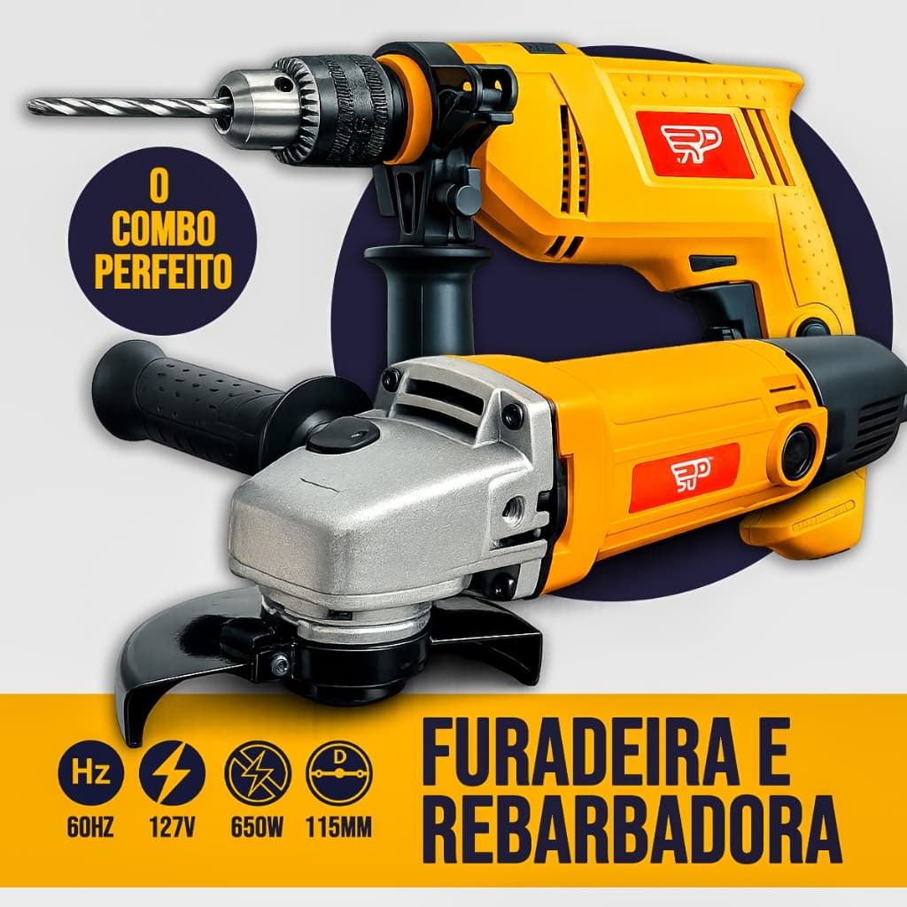 Kit Furadeira de Impacto Elétrica 600W Maquina Corte Esmerilhadeira Angular 650W 110v ou 220v 13mm
