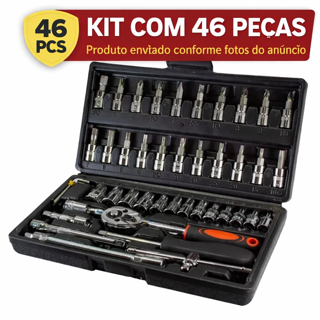 Kit De Ferramentas 46 Peças Jogo De Soquetes Chave Catraca Reversível Com MaletA