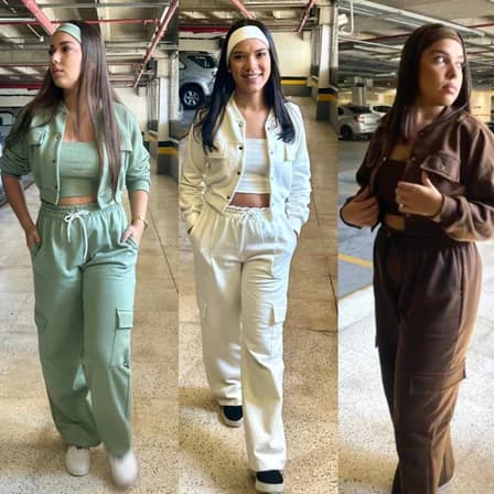 CONJUNTO MOLETOM CARGO 2 PEÇAS  Moletom Premium Estilo Gringa: Calça Wide Leg Cargo Jaqueta Bomber