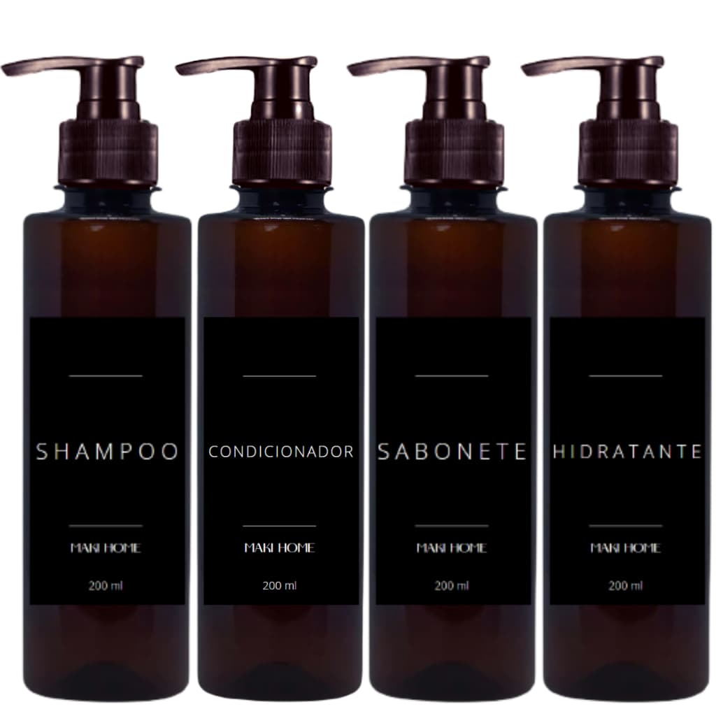 Kit 3 Frascos Âmbar Luxo Shampoo Condicionador Sabonete e Hidratante 200ml Banheiro Decor Kit Viagem