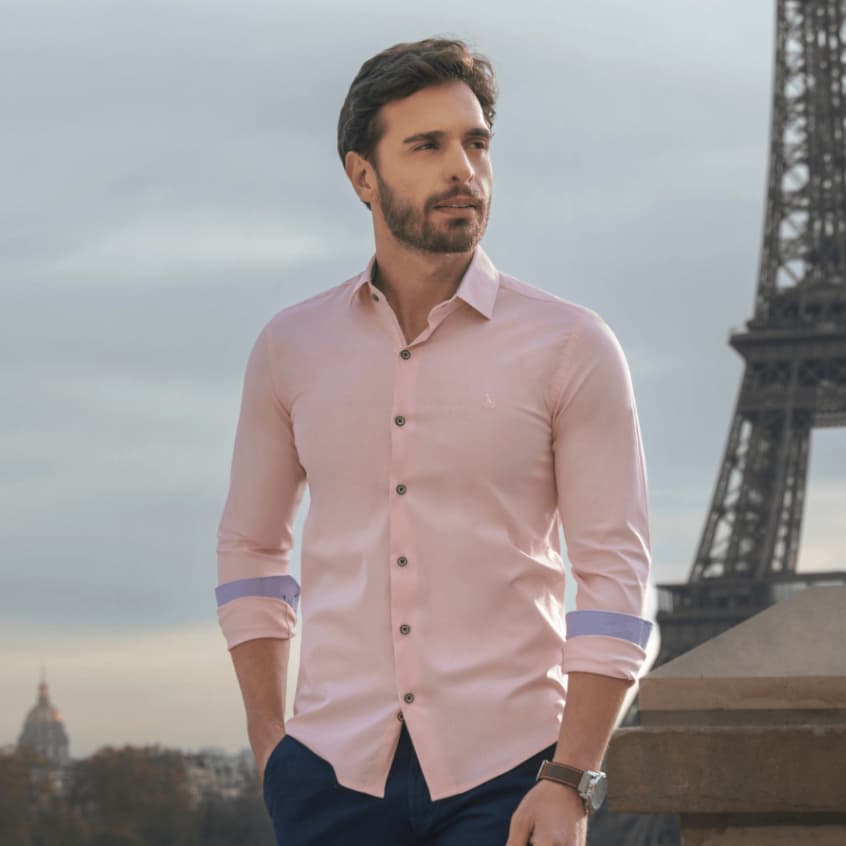 Camisa Social Masculina Slim Manga Longa em Algodão Com Elastano Sem Bolso