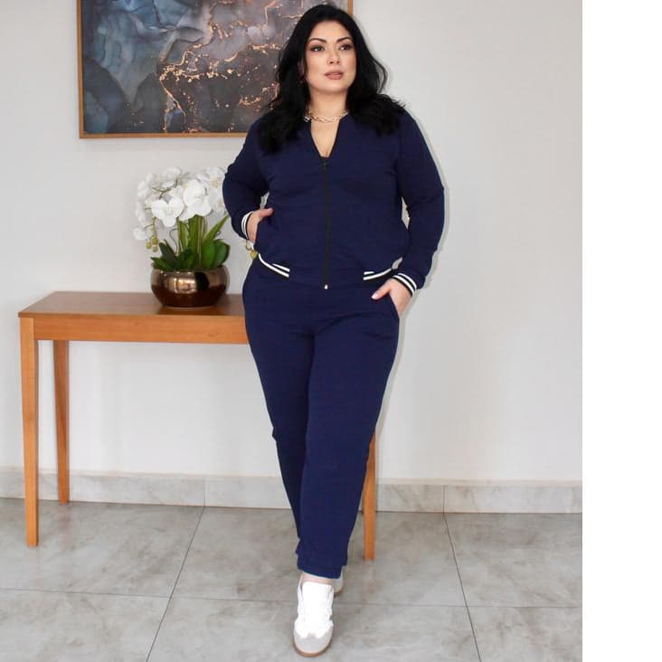 Conjunto Feminino Casual malha crepe Jaqueta com Listra no Punho e Calça