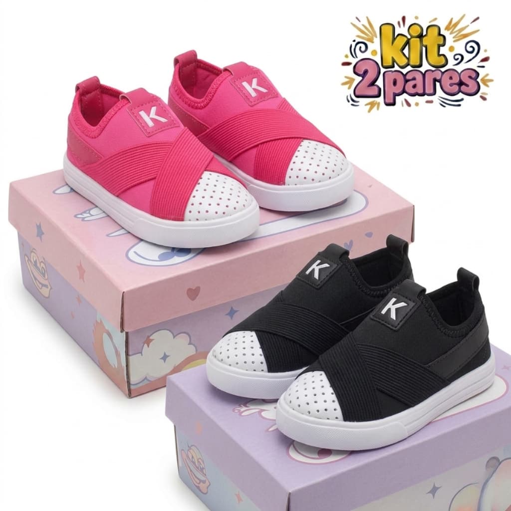 Kit 2 Tênis Menina Infantil Calce Fácil Elástico Confortável Antiderrapante