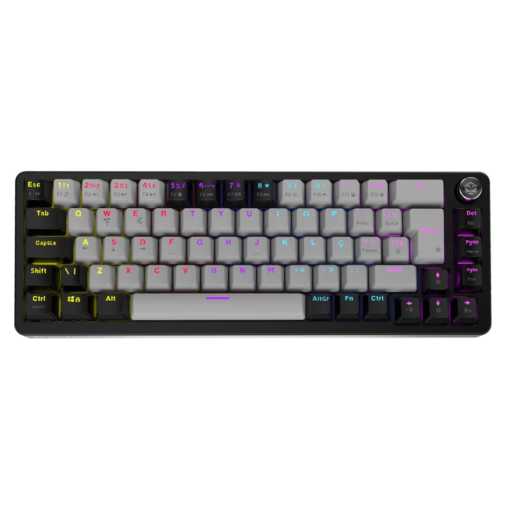 TECLADO MECANICO PRETO E CINZA 65% COM FIO SWITCH RED RAINBOW PCYES MECKA BLACK VULCAN RAINBOW