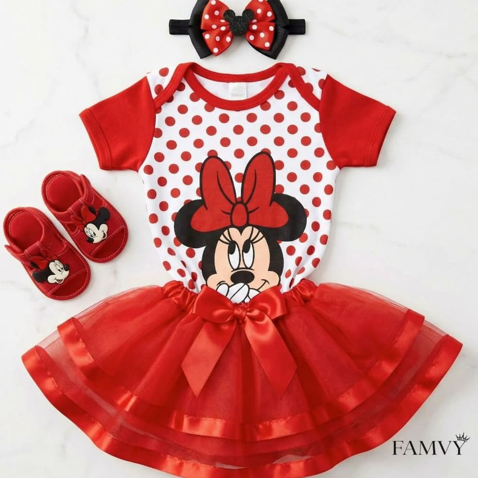 Body Bebê Minnie Mesversário Menina Fantasia Minnie + Saia Tule + Laço Roupa Bebê Temático Bory